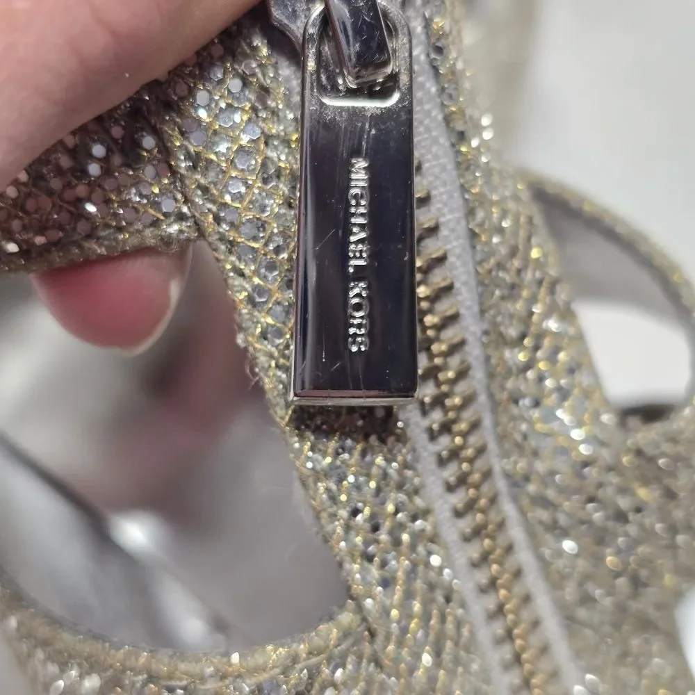 Michael Kors Berkley T-Strap Silver Glitter Dress Sandals Size 9 Formal Evening